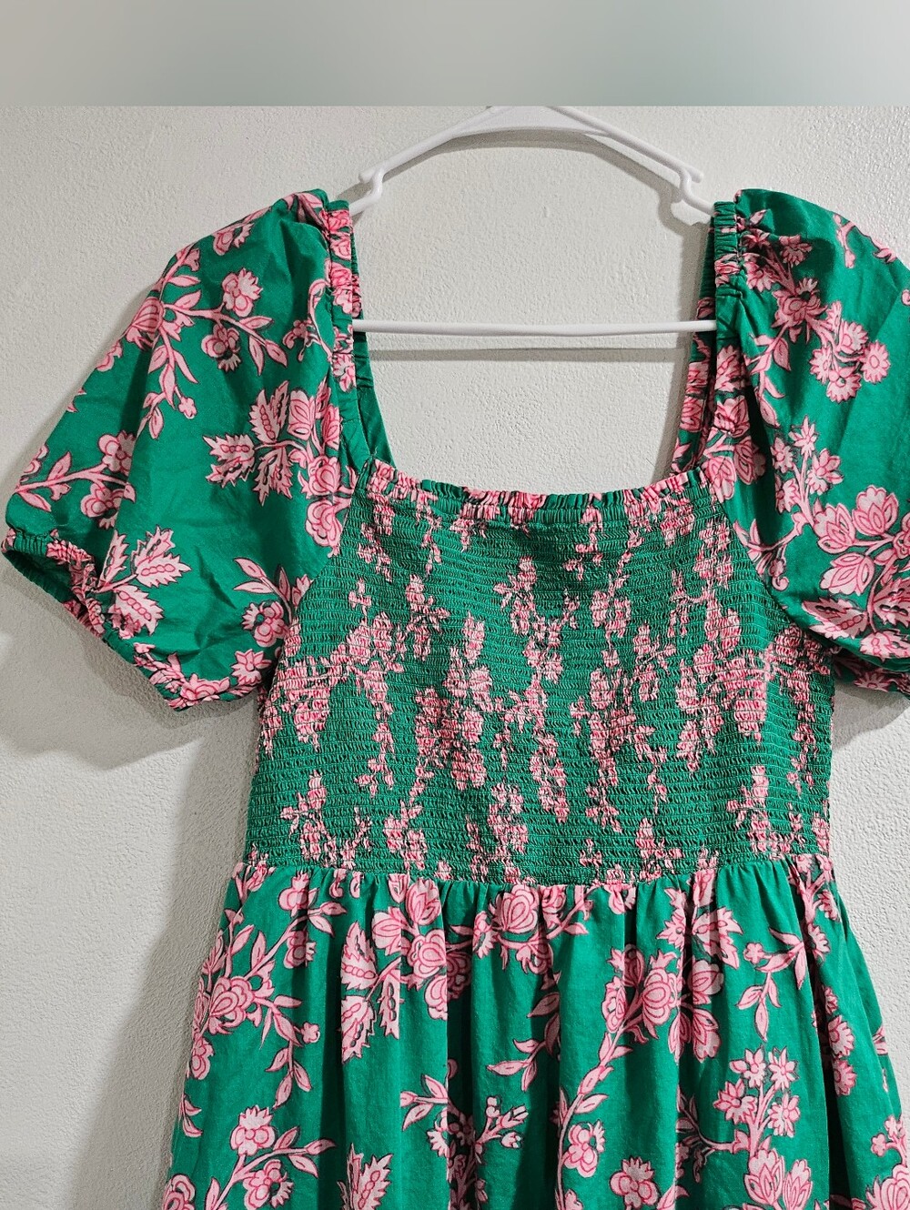 J.Crew Green Pink Floral Smocked Puff Sleeve Cotton Midi Dress Size S - Picture 2 of 10